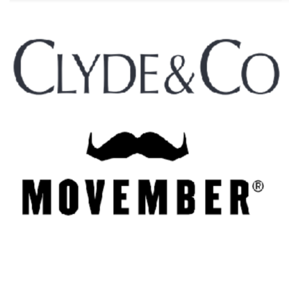 Black and white graphic of a web banner. Text saying "Clyde & Co" superimposes a Movember moustache logo.