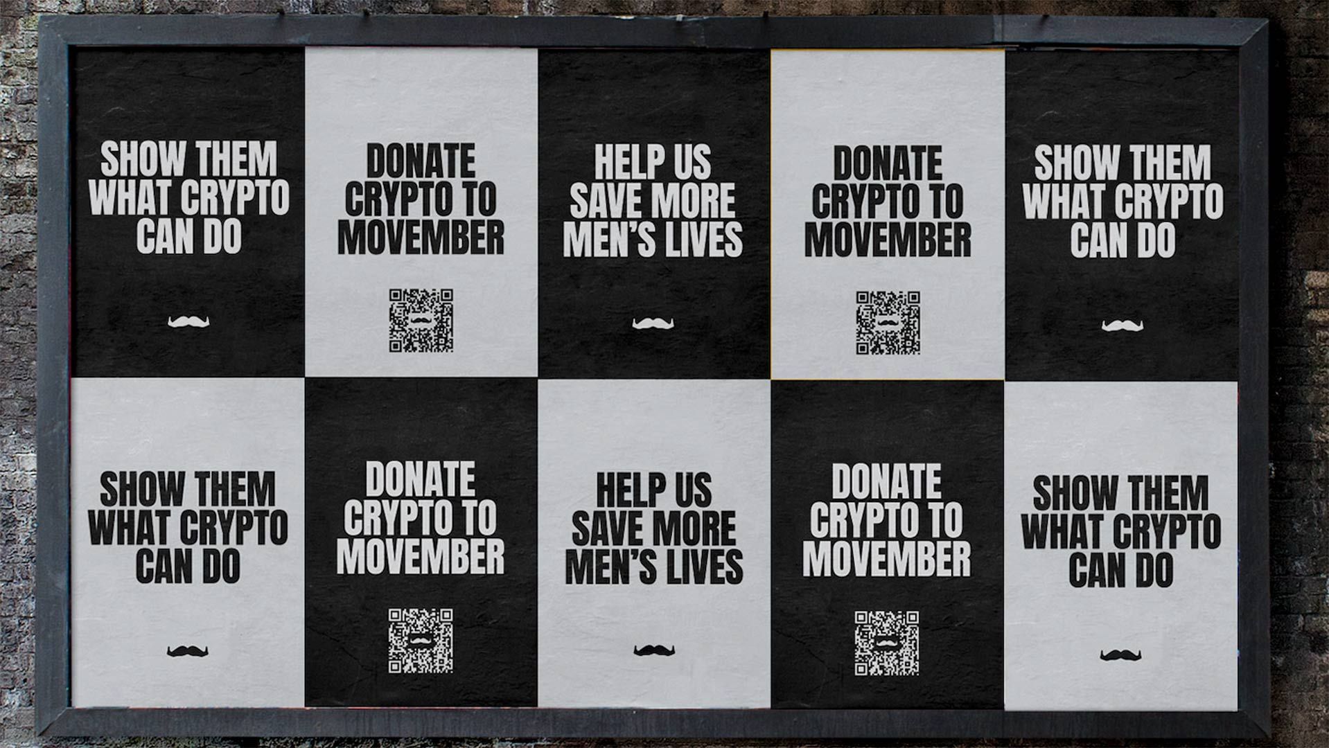 Photo of posters on a wall. The posters have slogans like "Donate crypto to Movember", "Show them what crypto can do" and "Help us save more men's lives".