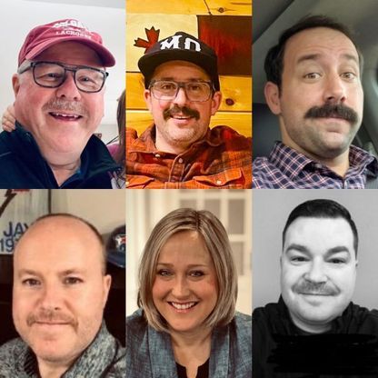 Collage photo of one woman and five men with moustaches, smiling to camera.