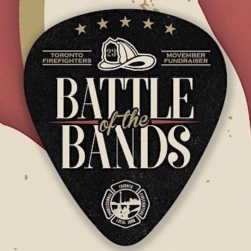 A plaque at a Toronto Fire Department station. A firefighter's helmet surmounts prominent text that says: "Battle of the bands".