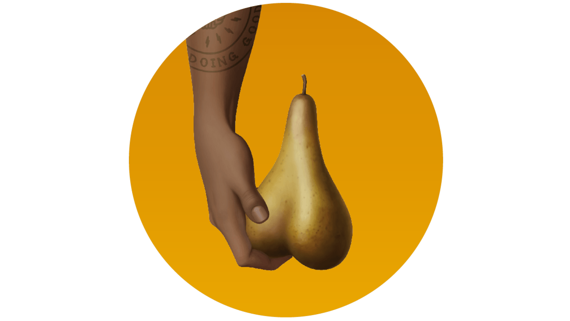An illustration of a hand feeling a pear (which looks like a pair of testicles)