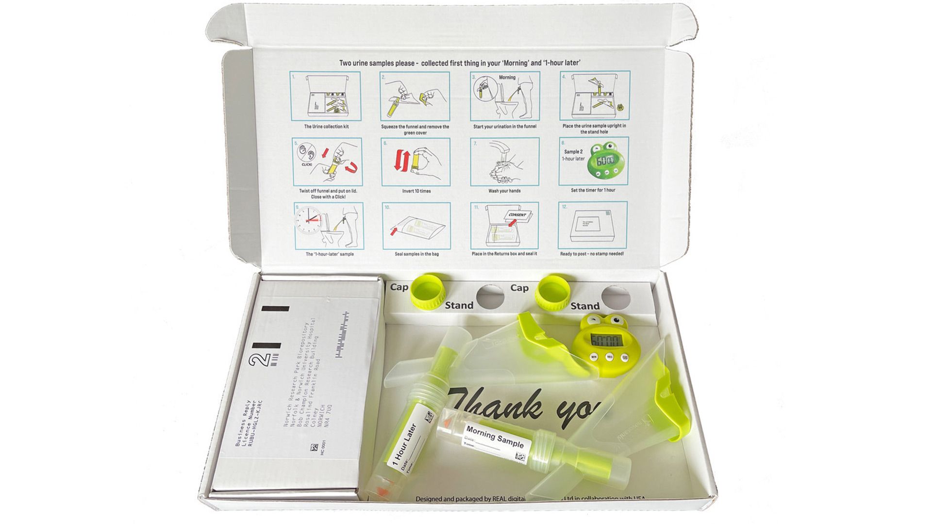 An image of the 'Prostate Screening Box' home test kit with usage instructions