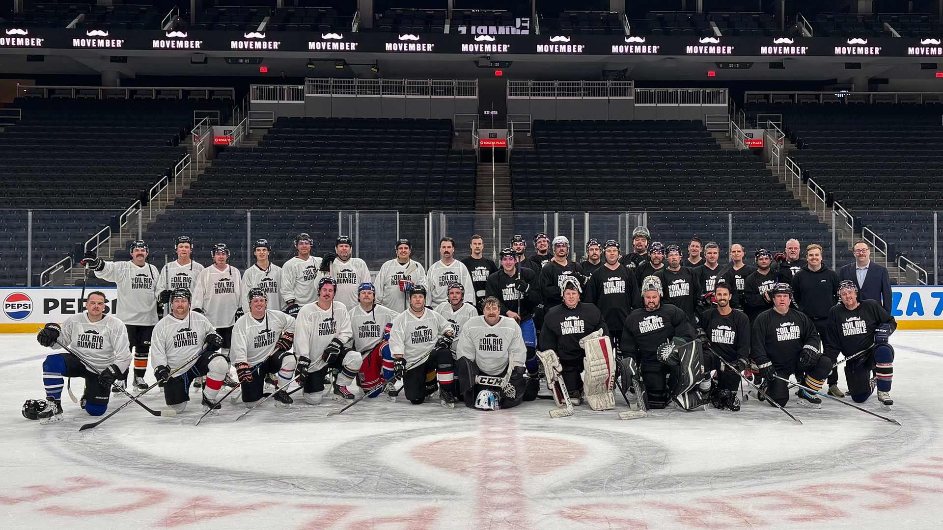 Photo of Oil Rig Rumble participants on the ice at Rogers Place