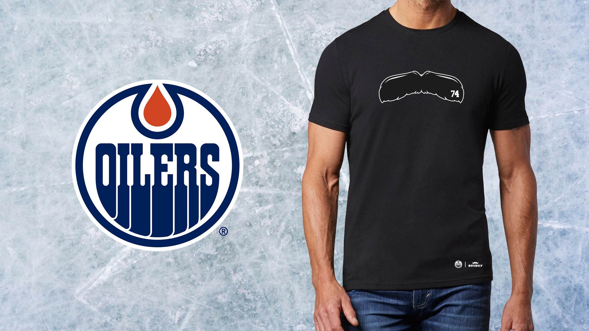 A stock image of a man wearing a black t-shirt with a moustache image. Superimposed on the image is a the Edmonton Oilers logo.