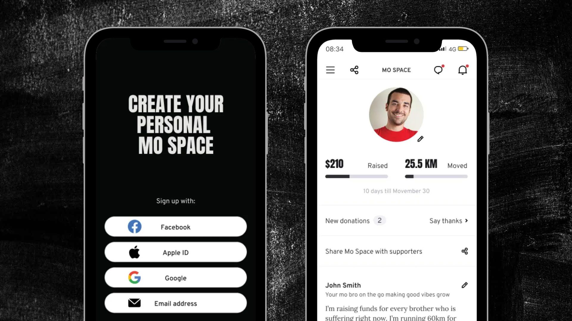 Images of smartphone, showing a screen on the Movember app that asks users to create a Mo Space.