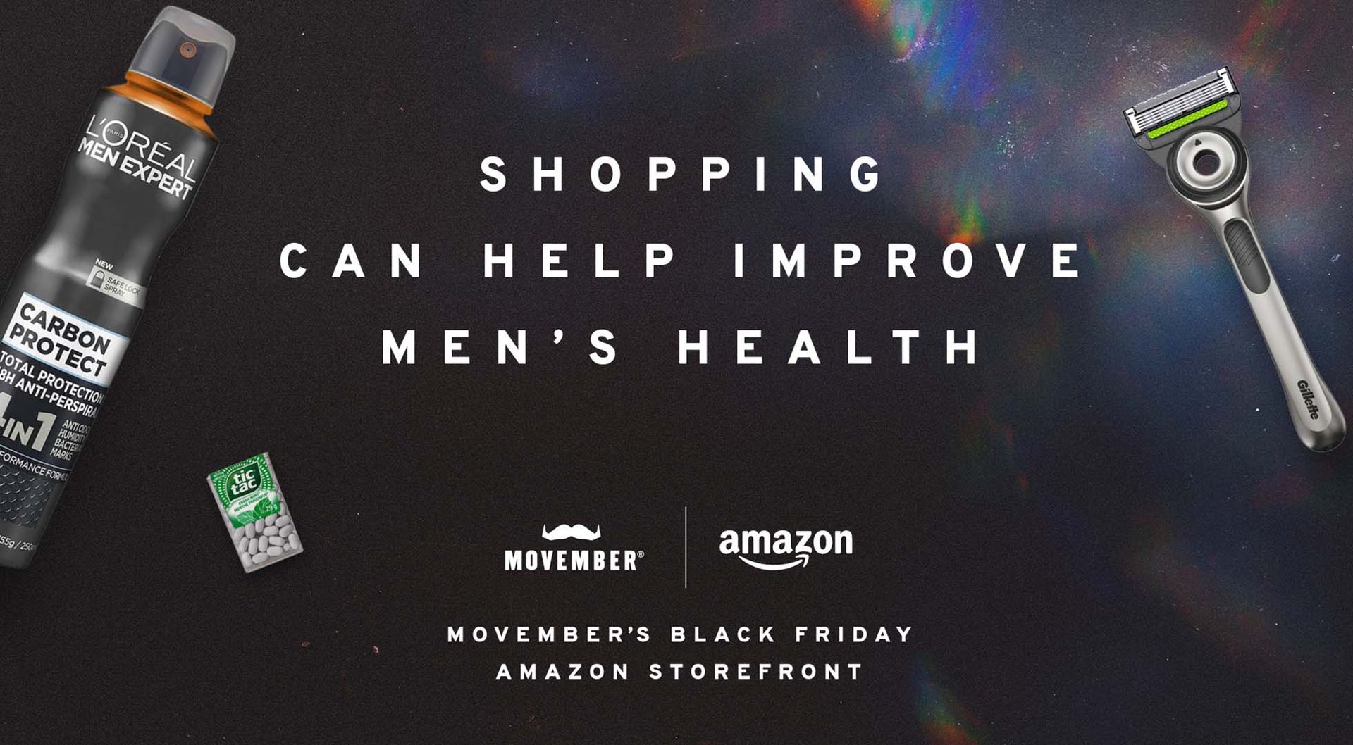 Photo of Amazon merchandise. Superimposed text reads: "Shopping can help improve men's health".