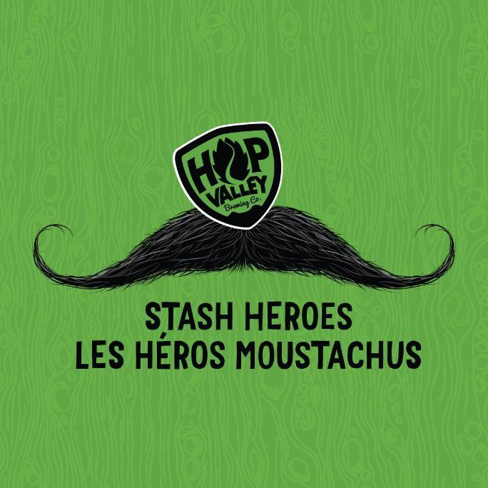 Stylised web banner graphic that shows a hairy moustache over a green background. The Hop Valley Brewing logo surmounts the moustache.
