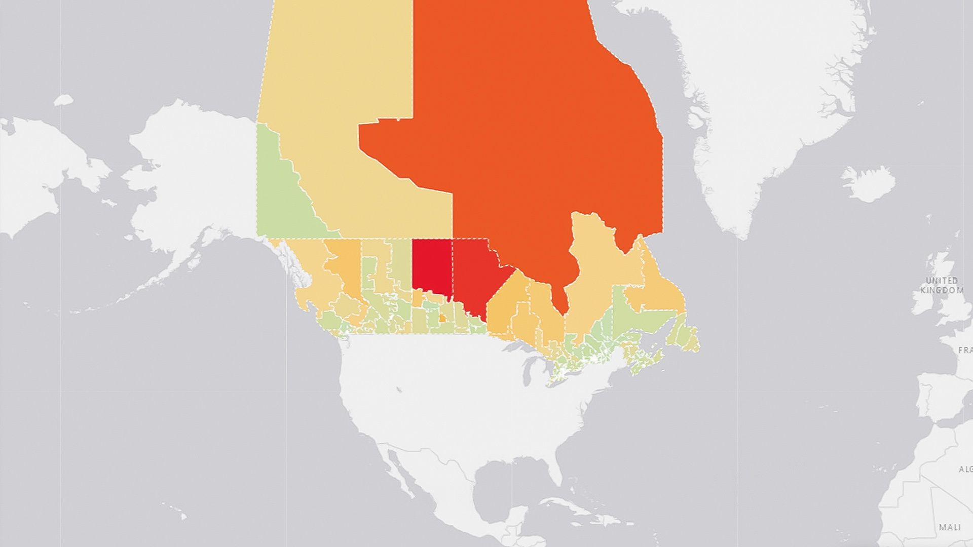 Photo of stylised embedded map of Canada, showing male premature death rates, based by local constituency.