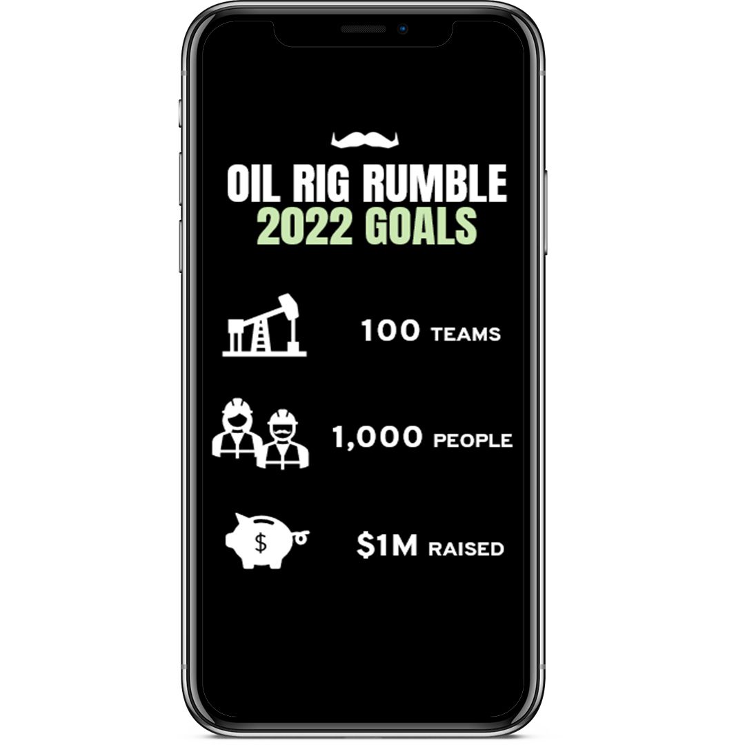 White text on black background. It says: "Oil Rig Rumble 2022 goals. 100 teams. 1000 people. $1M raised."