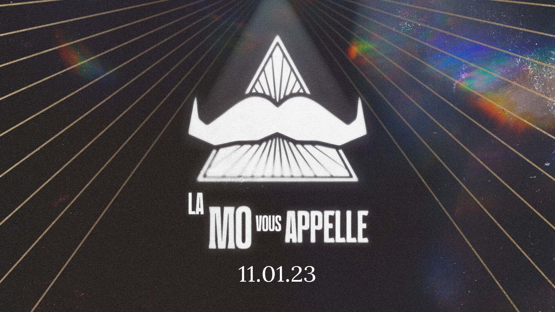 A stylised illustration of a moustache, surmounted on a mystical triangle. Superimposed text says: "The Mo Is Calling". It points to a date of November 1, 2023.