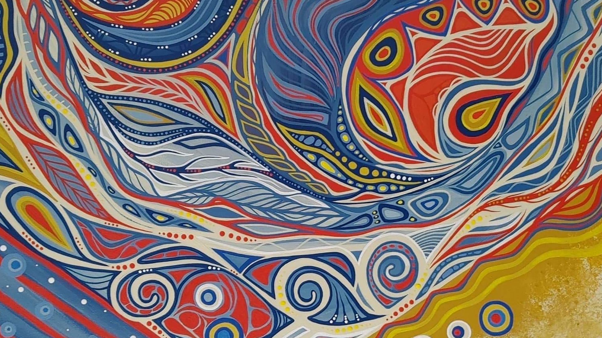 Indigenous artwork titled "My spirit is home", a mix of beautiful colours, fluid lines and shapes