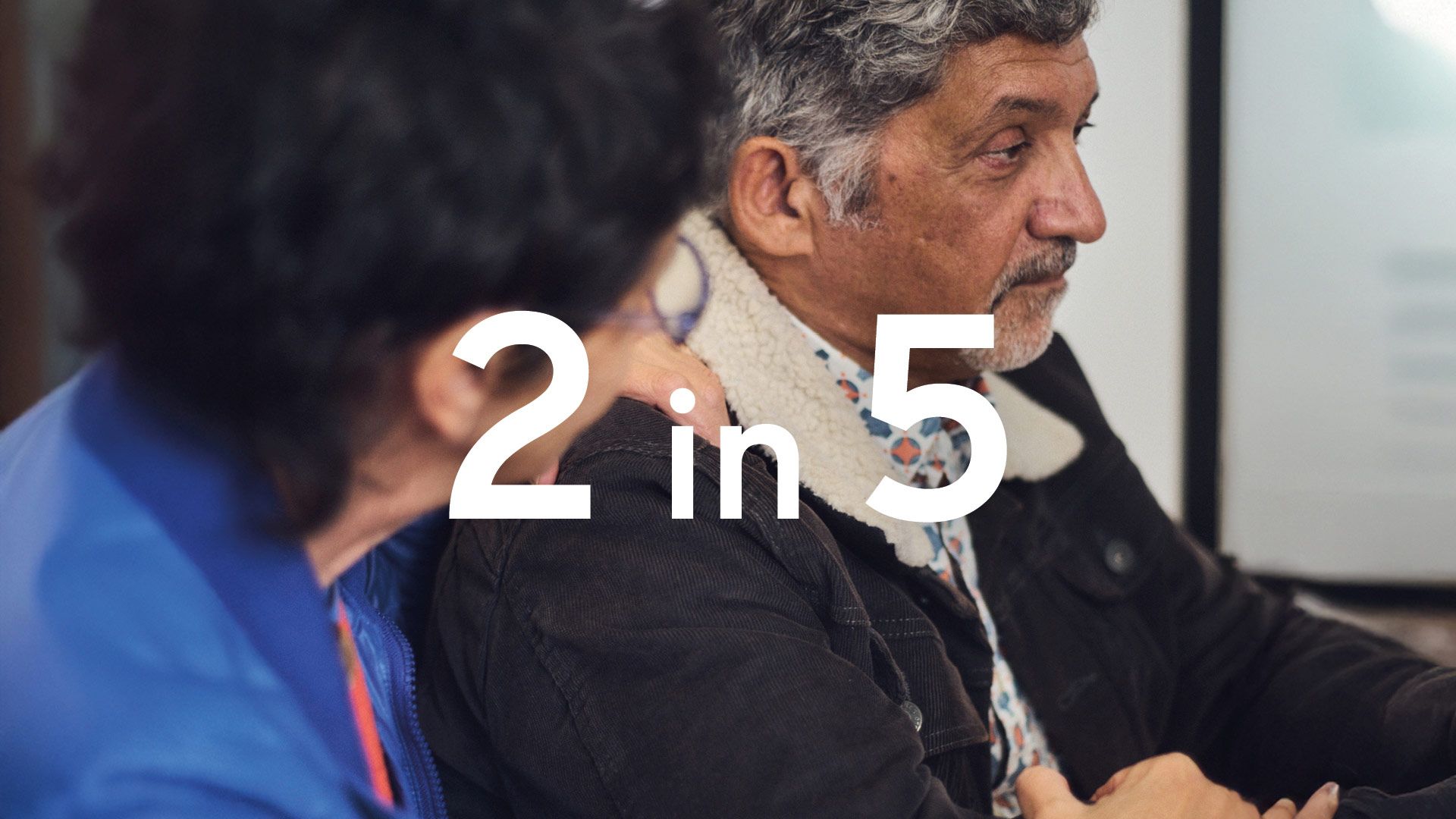 Dramatic photo of an elderly man receiving bad medical news while sitting next to his spouse. The words 2 in 5 are superimposed in large white text.